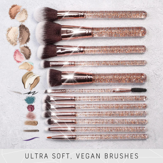 Beauty 15Piece Award Winning Glitter Makeup Brushes: Cute Makeup Brushes Set with Case, Blending Sponge, Cleaner, Guide, Gift Box