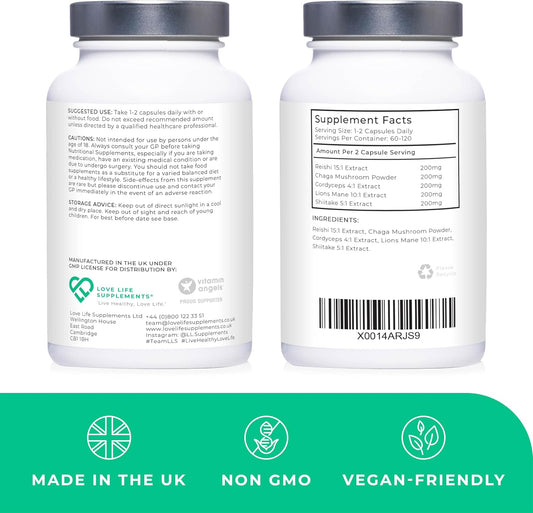 Mushroom Complex by LLS | Contains 1000Mg Reishi, Chaga, Cordyceps, Lions Mane and Shiitake Mushrooms | 120 Capsules - 2 Month Supply | No Fillers | Vegan |